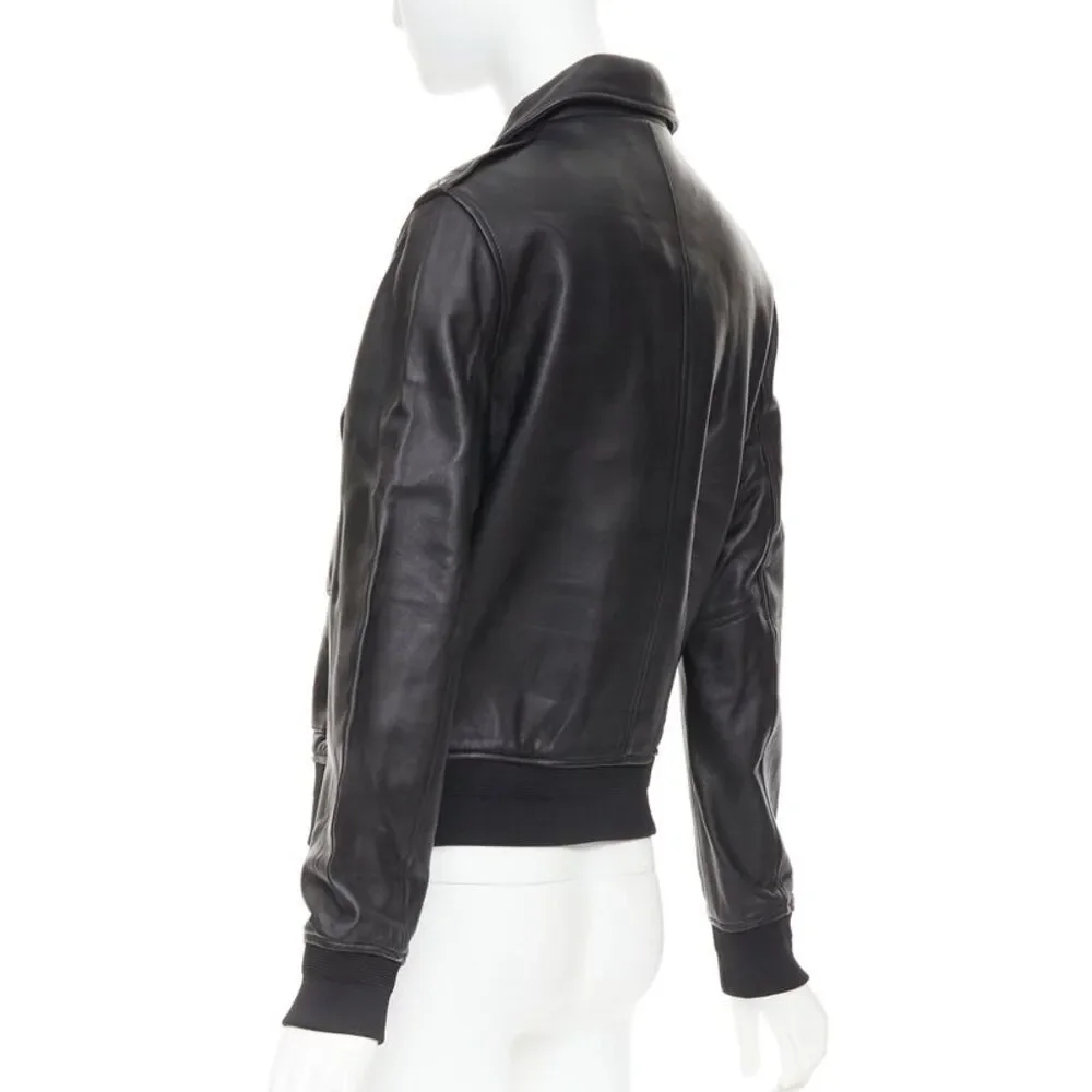 SAINT LAURENT 2020 black sheepskin leather pocketed flight jacket L - Picture 7 of 10